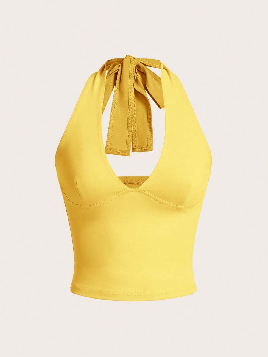 SHEIN EZwear Summer Casual Solid V-Neck Sleeveless Cami Top Yellow - Yellow - View 1