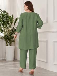 Lacomfia Set de 2 piezas de talla grande de unicolor con blusa de manga larga y pantalones, minimalista y a la moda, apto para el verano - Verde - Ver 2