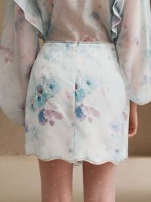 Anewsta تنورة عالية الخصر ذات طبعة زهرية مع كشكشة عند الخصر ومنخفضة عند الذيل - أزرق فاتح اللون - مشاهدة 4