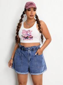 SHEIN EZwear Plus Size Women Ruffle Hem Pocket Loose Wide Leg Casual Denim Shorts