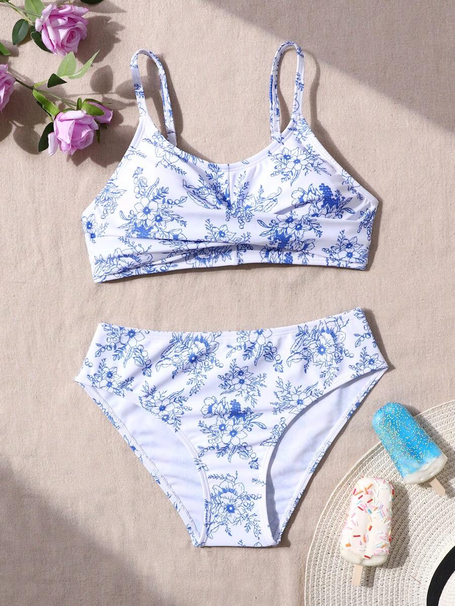 SHEIN Leap Crew Bộ đồ bơi bikini xoắn họa tiết sứ xanh trắng cho bé gái tuổi teen - Màu xanh lam - Xem 1