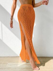 SHEIN Swim 女士纯色高开叉罩衫裙，适合夏季海滩 - 橘色 - 查看 4