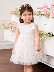 Babygirl Cute & Elegant White Floral Print Mesh Cap Sleeve Summer Mini Dress - White - View 6