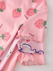 Baby Girls 3-Piece Cute Strawberry & Rabbit Graphic Bowknot Decor Ruffle Trim Knit Short Sleeve Nightgown Set - Baby Pink - View 5