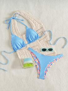 Swim Mod Springbreak Women Beach Swimwear Summer Outfits For Women: Cute Sexy Fashion Printed Reversible Triangle Bikini Set With Side-Tie Swimming Shorts, Adjustable 2 Pieces Beach Resort Outfit, Festival Boho - Multicolor - View 5