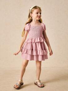 SHEIN Young Girls & Elegant Pink Cable Knit Puff Sleeve Top And A-Line Cake Skirt 2 Pieces Set, Spring & Summer - Pink - View 6