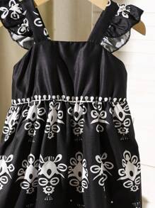 Baby / Toddler Girl Ruffled Strap Black & White Dress, Suitable For Spring, Summer Vacations And Outdoor Play - Black - View 5