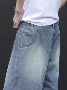 Manfinity EMRG 男士休闲纯色宽松口袋夏季牛仔短裤 - 藍色 - 查看 3