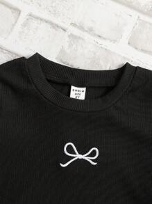 Genkimix Kids Young Girls' Bow Print Round Neck Short Sleeve T-Shirt And Sweet Mini Skirt Set, Fresh Summer Holiday, Beach, Outing Summer Holiday - Black - View 3