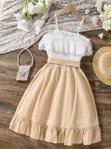 青少年女孩对比色蕾丝荷叶边下摆吊带背心和迷你裙两件套 - 卡其色 - 查看 2