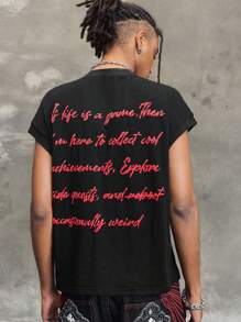 ROMWE MEN Street Life Men's Letter Print Round Neck Casual Loose Tank Top - Black - View 1