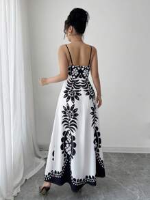 Selianne 印花 V 领性感宽松细肩带连衣裙 - 黑與白 - 查看 2