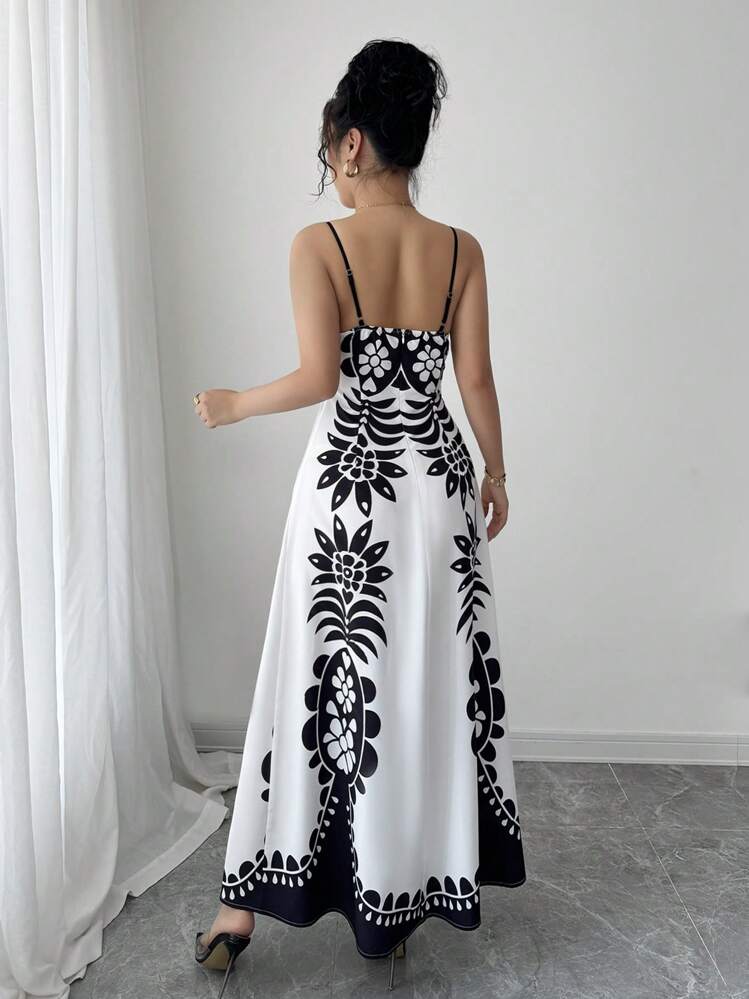 Selianne Vestido Estampado de Decote em V, Sexy e Solto, com Alças Finas - Preto e Branco - Visão 2