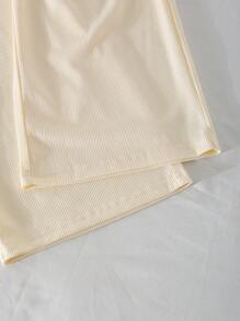 Girls Simple Elegant Fashion Elastic Waist Straight Loose Jacquard Fabric Beige Versatile Wide Leg Pants, Casual Pants With 3D Bow Decor - Beige - View 5