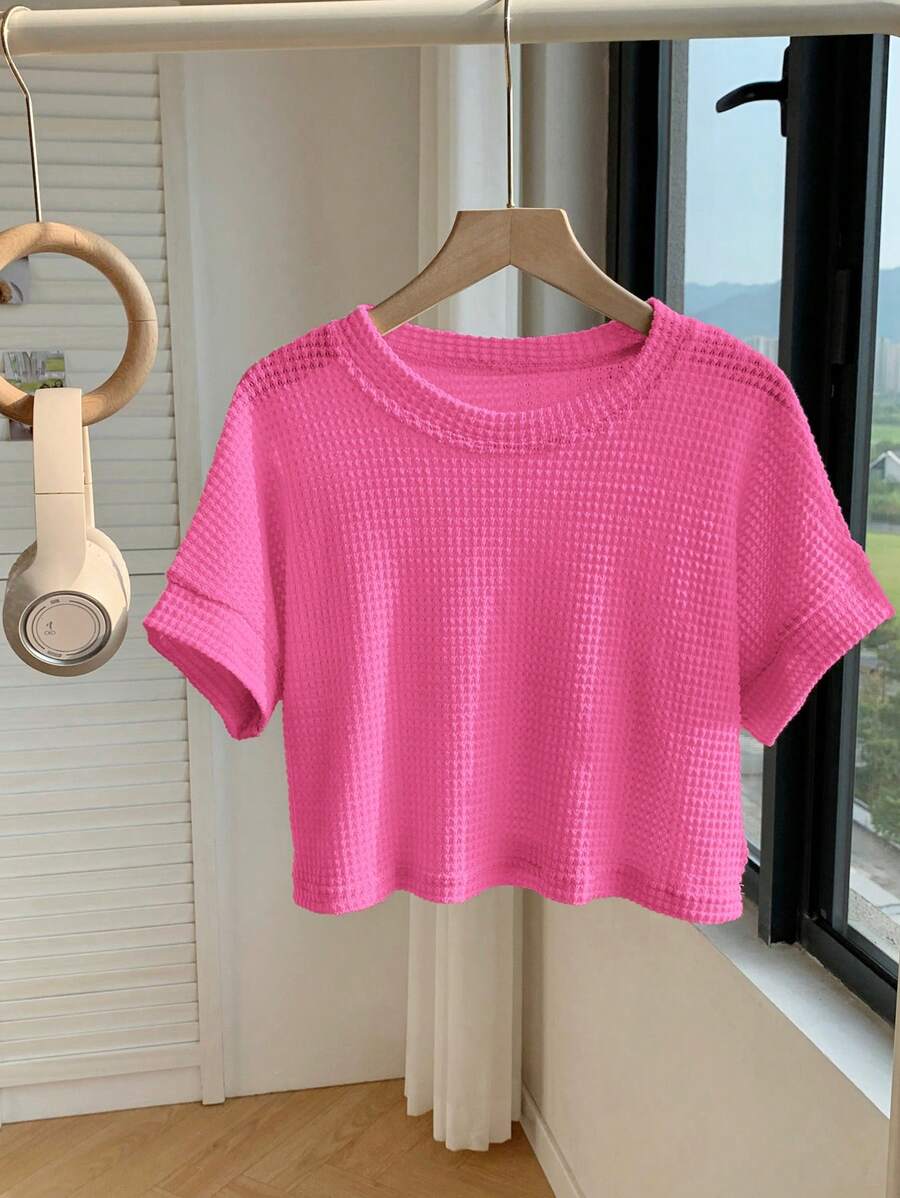 Comfortcana Women's Pink Knitted Fabric Casual Crop T-Shirt: Soft, Breathable, And Perfect For Summer - Pink - View 1