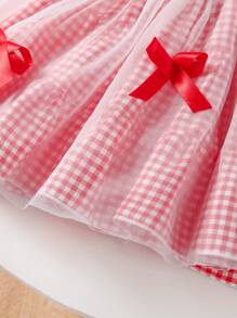 Baby Girl Gingham Print Sleeveless Dress With Tiered Tulle Skirt & 3D Red Bow Accent, Summer - Red - View 3