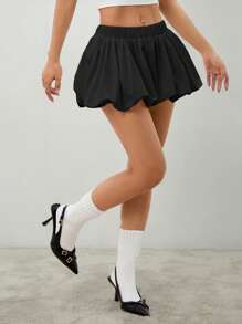 SHEIN PETITE Pantalones cortos bloomers de mujer de cintura elástica y pierna ancha en unicolor