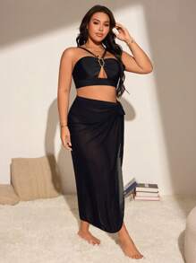 Swim Oasis Plus Size Solid Color Bikini & Beachwear Cover-Up Skirt Set For Resort And Beach - Black - View 1
