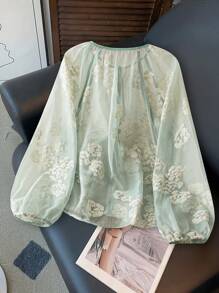 SHEIN 大码女式系带长袖杏色中国传统提花衬衫 - 綠色 - 查看 2