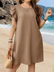 EMERY ROSE Plus Size Casual Solid Color Cap Sleeve Dress - Khaki - View 6