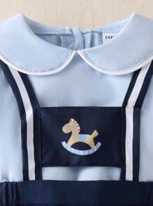 Souflis Souflis 2pcs Baby Boy Outfit: Light Blue Collar Top & White Bib Shorts With Cute Carousel Print, Casual Set - Navy Blue - View 6