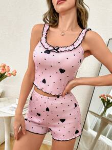 SHEIN Women's Heart Print Ruffled Strap Shorts Sleepwear Set - Pink - View 4