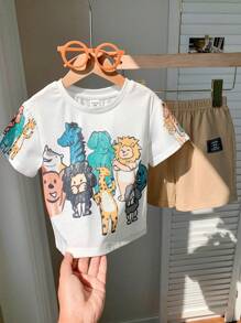 SHEIN Leap Crew 2 pièces/Set Débardeur maillots T et shorts pour bébés garçons/filles, style décontracté mignon avec imprimé animal au crayon, col rond, épaules tombantes, tricot ample. 2 pièces, tenue appropriée pour le printemps et l'été, pour porter à l'intérieur et à l'extérieur - Kaki - Voir 4