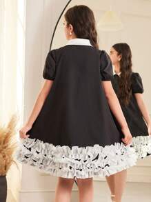 SHEIN Tween Girl Casual Color Block Peter Pan Collar Short Sleeve A-Line Dress