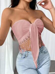 Firerie Women's Vacation Patchwork Fringe Hem Tube Top Crochet Tie Front Shirt,Tube Top - Pink - View 1