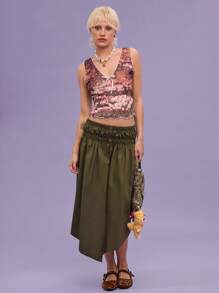 COUREZ Low Rise Asymmetric Midi Skirt , Summer For Women , Street Casual, Y2K, Leisure Music Festival, Cotton Vintage 100% Cotton - Army Green - View 4
