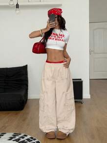 Coolane 女式夏季街头服饰 Y2K 运动休闲 Gyaru Rave 宽松实用口袋阔腿休闲毕业学院风裤带蝴蝶结装饰 - 杏色 - 查看 3