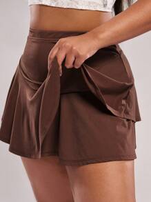 SHEIN BAE Plus Size Women Knit Shorts, Streetwear, Summer Bottoms, Summer Shorts, Music Festival - Brown - View 4