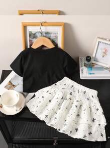 Genkimix Kids Young Girls' Bow Print Round Neck Short Sleeve T-Shirt And Sweet Mini Skirt Set, Fresh Summer Holiday, Beach, Outing Summer Holiday - Black - View 2