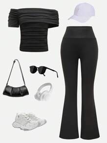 2pcs Set Casual All-Match Versatile Athletic Graceful Teenager Off Shoulder Short Fitted Top + High Waist Flared Pants Knit Suit