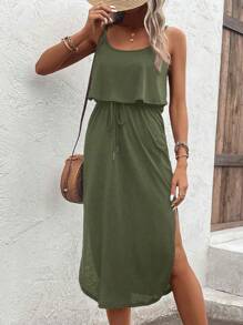 SHEIN LUNE 女士纯色荷叶边下摆侧开衩吊带背心连衣裙 - 軍綠色 - 查看 5