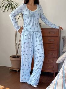 DAZY 蕾丝拼接蝴蝶结印花褶皱波浪边睡衣套装，甜美，秋冬服装 - 淺藍色 - 查看 6