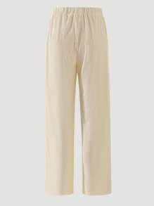 Girls Simple Elegant Fashion Elastic Waist Straight Loose Jacquard Fabric Beige Versatile Wide Leg Pants, Casual Pants With 3D Bow Decor - Beige - View 2