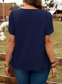 EMERY ROSE Plus Size Summer Solid Color Petal Sleeve Button Down Shirt - Navy Blue - View 2