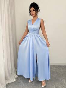 Elenzga Women's Solid Color Crossed V-Neck Slit Hem Elegant Dress - Blue - View 4