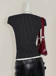 SHEIN ICON Summer Casual Open Front Stripe Lace Trim Fitted T-Shirt,Rave Top - Black - View 2