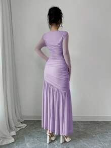 Firerie 女士长袖圆领网眼连衣裙，秋季休闲连衣裙，适合秋季服装、返校服装、教师服装 - 紫丁香色 - 查看 2