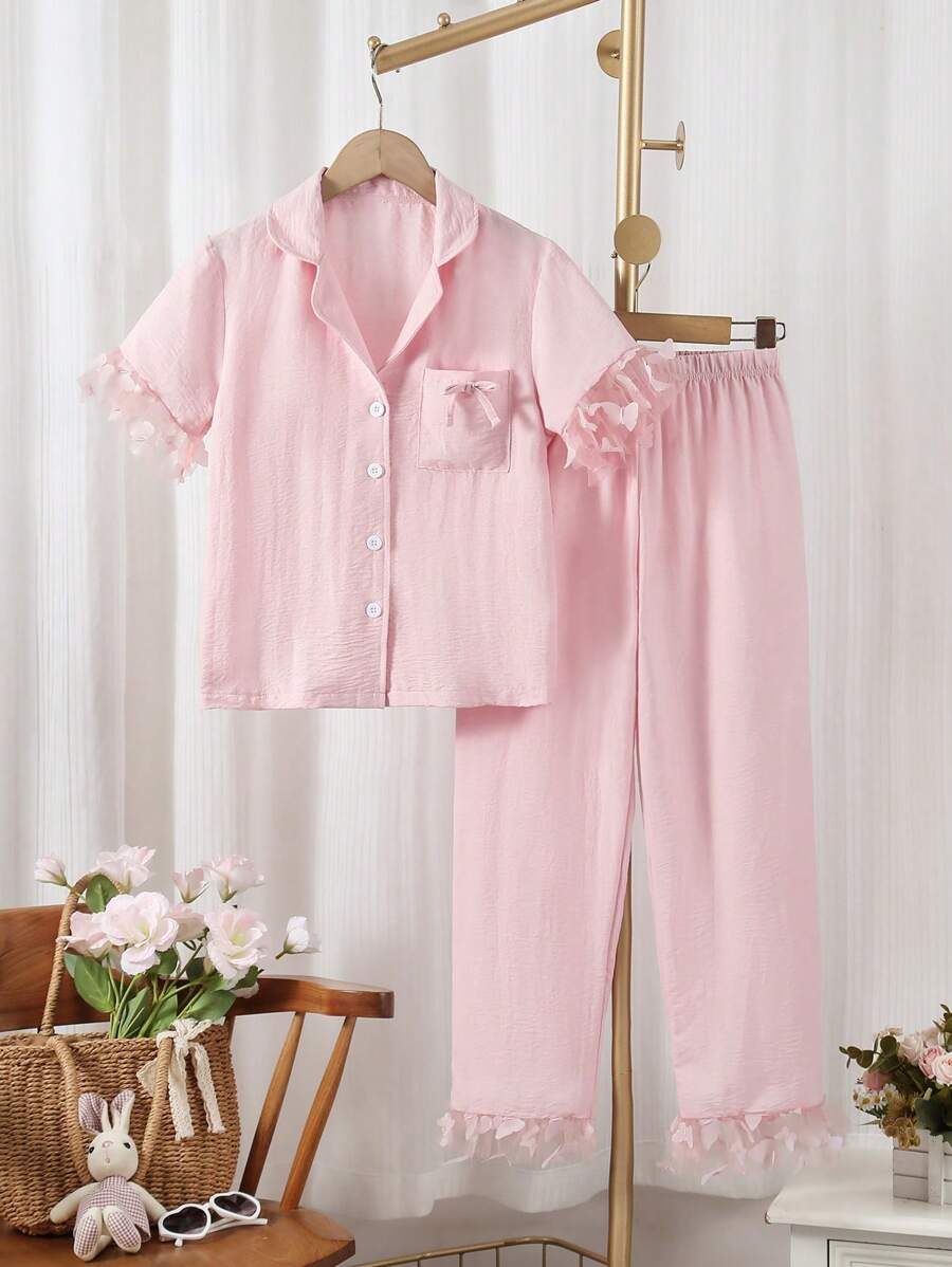 2pcs Tween Girls Pink Solid Color 3D Bow Mesh Splice Cute Short Sleeve Top And Casual Ruffle Hem Pants Loungewear Set - Pink - View 1