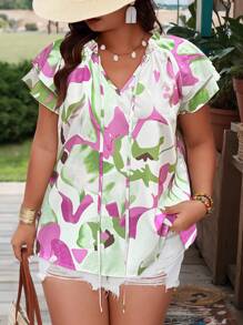 SHEIN Holidaya 大码女式花卉印花度假领带荷叶边袖衬衫 - 彩色 - 查看 4