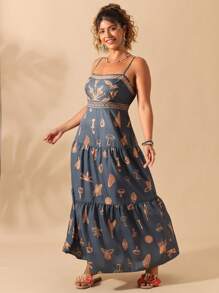 Sunserae 大码女式松紧腰花卉印花连衣裙，波西米亚风度假西装 - 綠色 - 查看 4