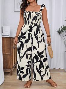 SHEIN CURVE+ Plus Size Women's Vacation Plant Print Loose Wide Leg Jumpsuit With Flutter Sleeves - Multicolor - View 1