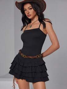 Roylia 3 Layers Ruffle Hem Backless Spaghetti Strap Black Belted Solid Pleated Bust Ruffle Hem Jumpsuit - Black - View 4