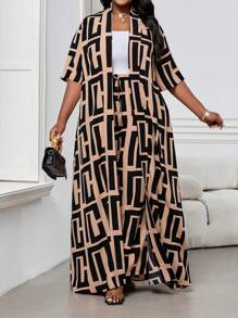 SHEIN Lady Plus Size Women's Geometric Print Short Sleeve Front Button Long Shirt And Pants Casual Plus Size Two Pieces Set - Multicolor - View 1
