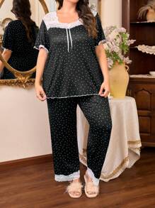 Côtesoire Plus Size Women Black & White Polka Dot Lace Patchwork Comfy Knitted Short Sleeve Top & Pants Pajama Set, Outfits - Black - View 6