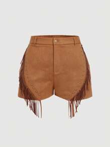 SHEIN MOD Plus Size Tassel Shorts, Suitable For Music Festival, Summer,Vintage Hippie Rivet Fringe Camel Suede Shorts,Nashville Outfits,Pirate Shorts,Western Wear Women