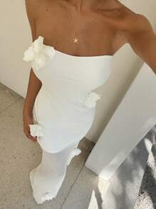 Aloruh Women's Elegant Solid Color 3D Floral Decor Bandeau Dress - White - View 4